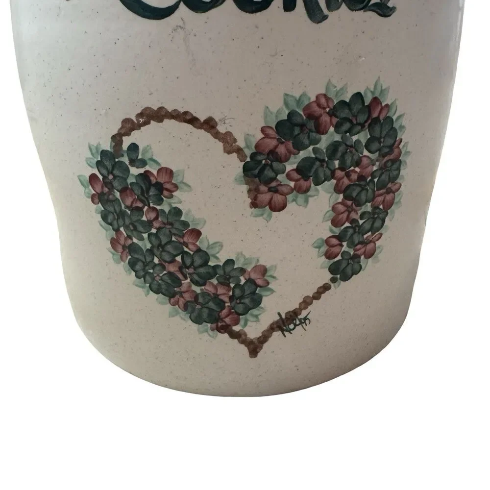 Vintage Crock  Stoneware Pottery Homemade Cookies Cookie Jar Floral Heart Large